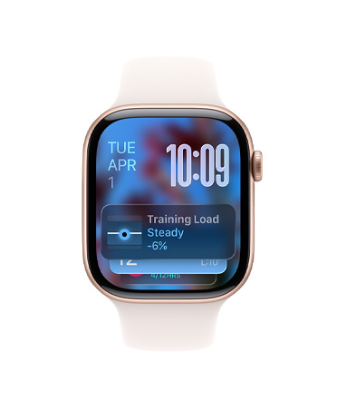 Apple Watch Series 11, rose gold colour, aluminum case, Smart Stack hint, light blush Sport Band