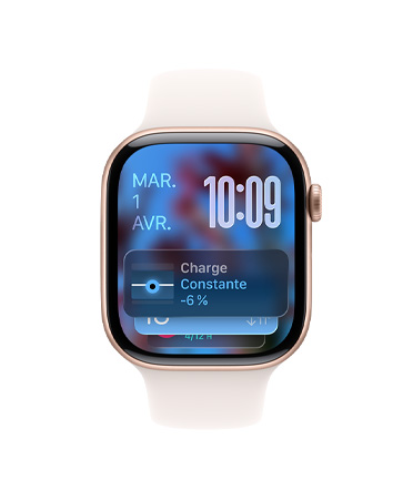 Apple Watch Series 11, or rose, boîtier en aluminium, indice de la pile intelligente, bracelet sport rose tendre