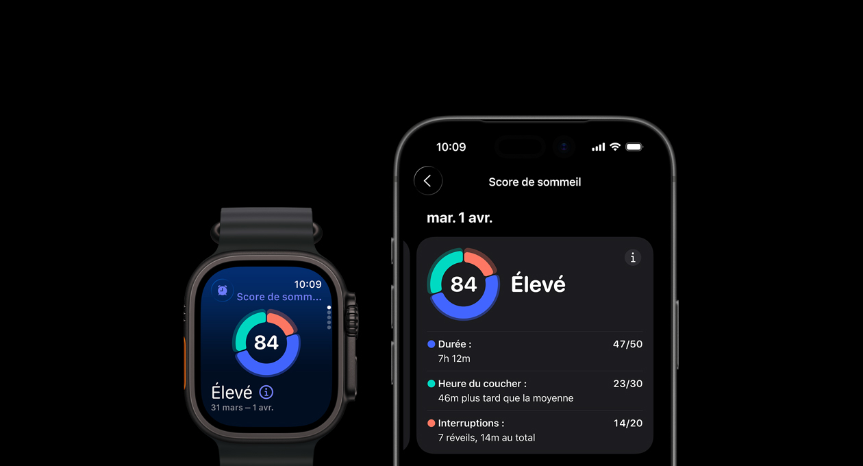 Graphique circulaire et résultat du score de sommeil sur Apple Watch Ultra 3, analyse complète du sommeil ouverte sur un iPhone jumelé