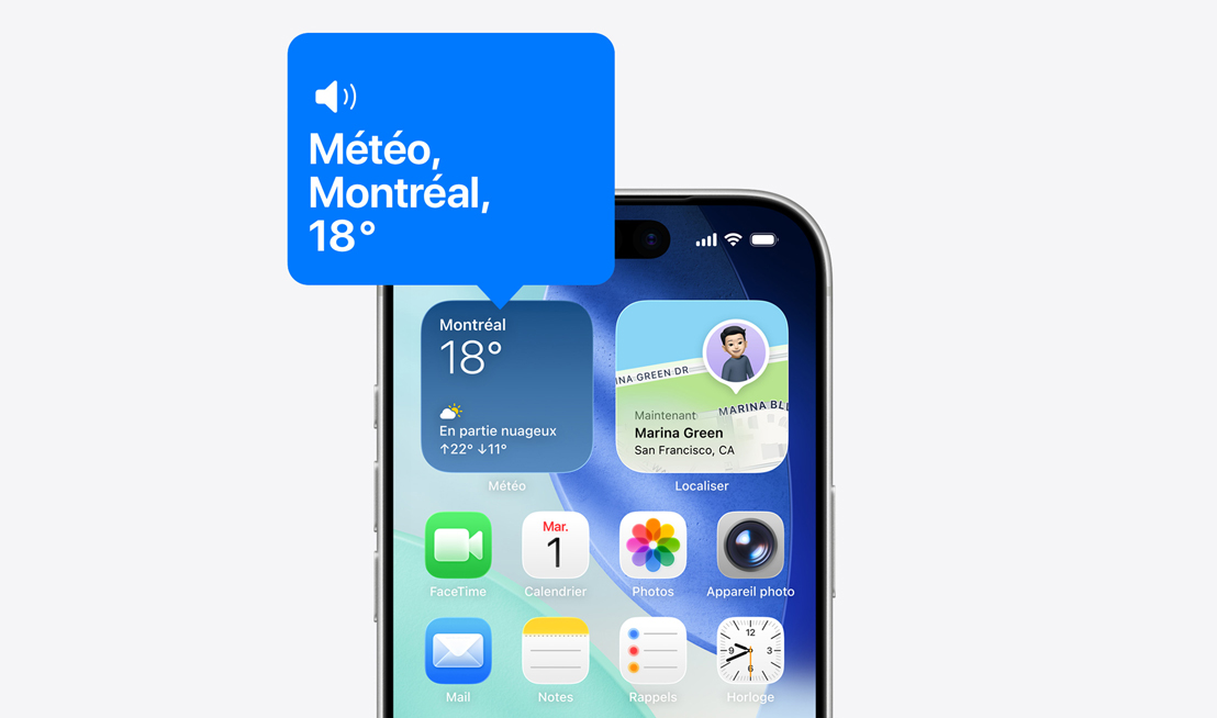 Écran d’accueil d'un iPhone, contenu d’une icône du widget Météo lu à voix haute par VoiceOver