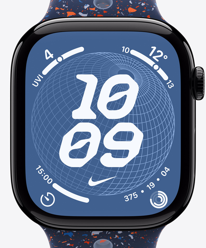 Nike Globe Zifferblatt, Uhrzeit, Nike Swoosh, Komplikationen: UV Index, Wetter, Timer, Aktivitätsringe