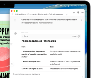 MacBook Airi ekraan näitamas Apple Intelligence'i kirjutamistööriistasid loomas mikro- ja makroökonoomika teemalisi flash-kaarte