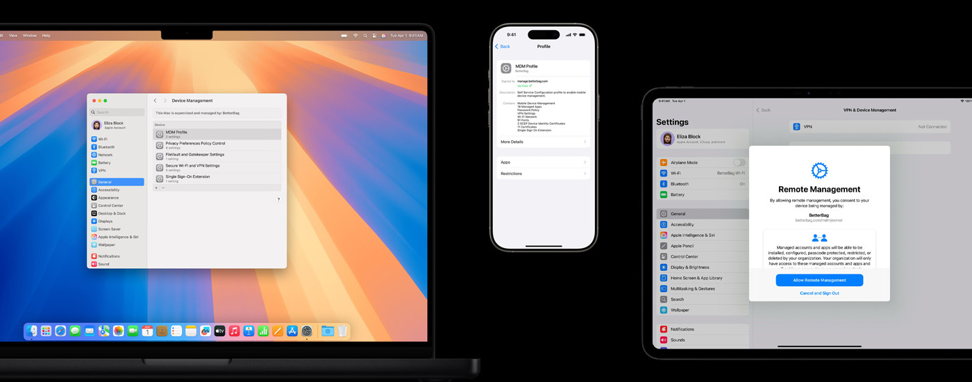 Illustration comprenant trois appareils Apple : à gauche, un Mac affiche une fenêtre Gestion de l’appareil. Au centre, un iPhone affiche les réglages du profil MDM (Mobile Device Management). À droite, un iPad affiche une fenêtre Gestion à distance.