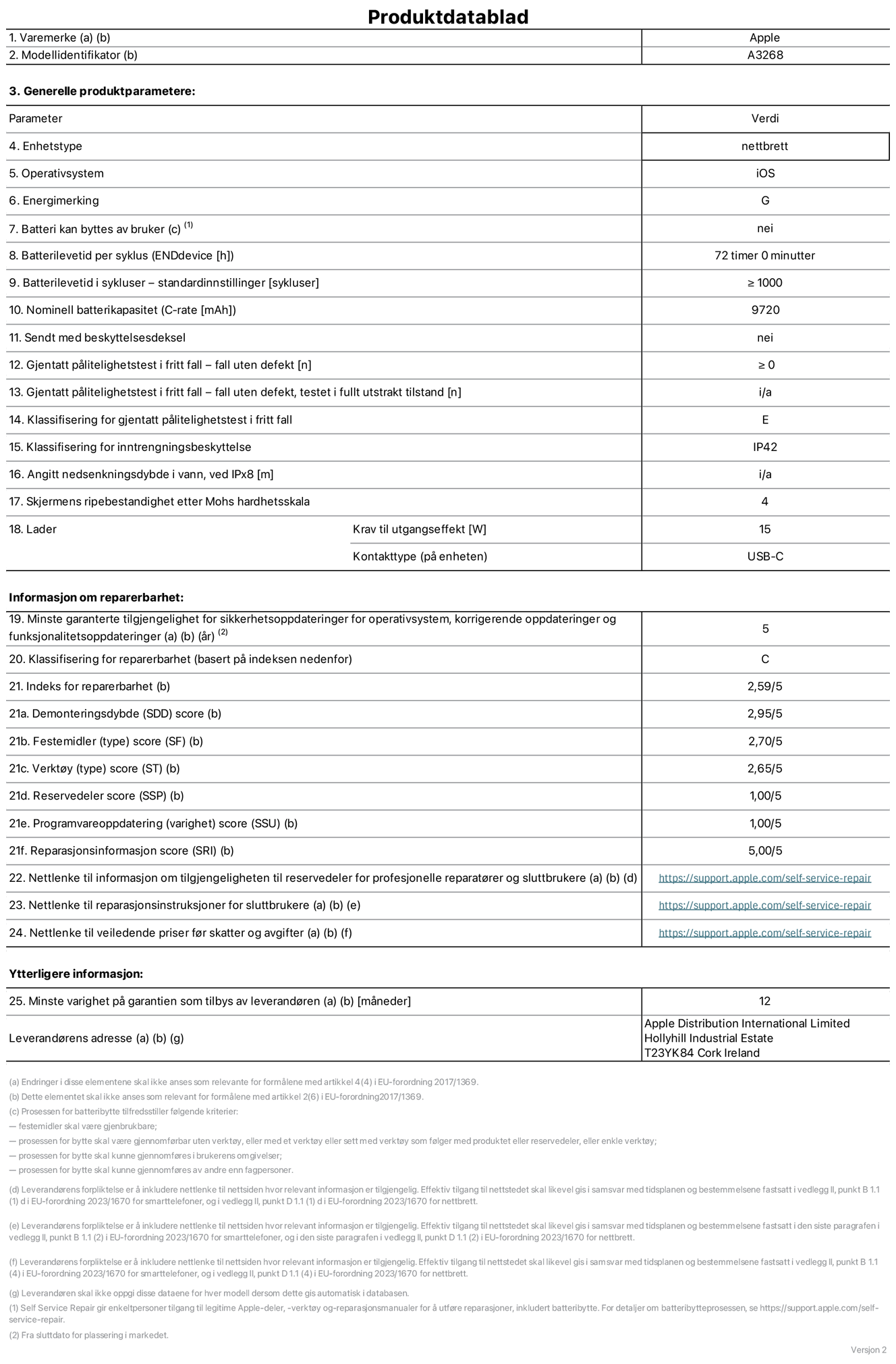 Produktdatablad for 13-tommers iPad Air Wi‑Fi – modell A3268. Levert av Apple UK Ltd, 100 New Bridge Street, London EC4V 6JA. Enhetstype: nettbrett. Operativsystem: iOS. Energieffektivitetsklasse for standard dynamisk omfang: G. Batteriets holdbarhet: 72 timer. Batteriets holdbarhet i antall ladesykluser: ≥ 1000. Nominell batterikapasitet: 9720 mAh. Holdbarhetstest ved gjentatte fall – antall fall uten feil: ≥ 0. Holdbarhetsklasse ved gjentatte fall: E. Kapslingsgrad: IP42. Skjermens ripefasthet på Mohs skala: 4. Krav til laderens utgangseffekt: 15 watt. Laderens stikkontakt: USB-C. Minstegaranti for tilgang på sikkerhetsoppdateringer, feilrettinger og funksjonsoppdateringer til operativsystemet: 5 år. Reparerbarhetsklasse: C. Reparerbarhetsindeks: 2,59/5. Demontering: 2,95/5. Festeanordninger (type): 2,70/5. Verktøy: 2,65/5. Reservedeler: 1,00/5. Programvareoppdateringer: 1,00/5. Programvareoppdateringer: 1,00/5. Informasjon om reparasjon: 5,00/5. Lenke til informasjon om tilgjengelighet for reservedeler for profesjonelle reparatører og sluttbrukere: https://support.apple.com/self-service-repair. Lenke til reparasjonsveiledning for sluttbrukere: https://support.apple.com/self-service-repair. Lenke til veiledende priser ekskl. mva: https://support.apple.com/self-service-repair. Produktet omfattes av en 12-måneders generell garanti.