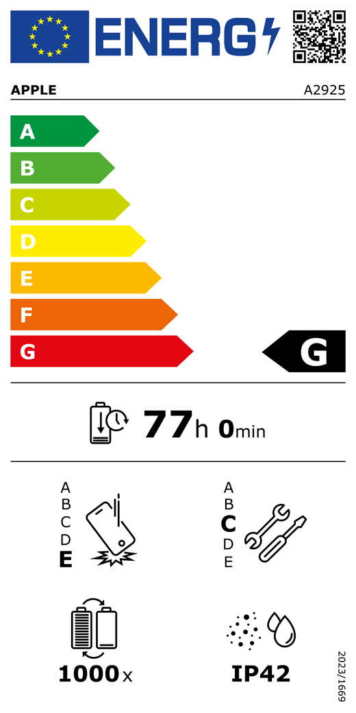 Código QR e información de la etiqueta energética de la UE, modelo A2925 de Apple, clase G, clases de eficiencia energética (con una escala de la A a la G), de la A (la más eficiente) a la G (la menos eficiente), duración de la batería por ciclo, 77 horas y 0 minutos por carga completa de la batería, fiabilidad en caídas repetidas de clase E, de la A (la más robusta) a la E (la menos robusta), reparabilidad de clase C, de la A (la más reparable) a la E (la menos reparable), 1.000 ciclos de carga de la batería, grado de protección contra la entrada de polvo y agua (IP) IP42, normativa 2023/1669