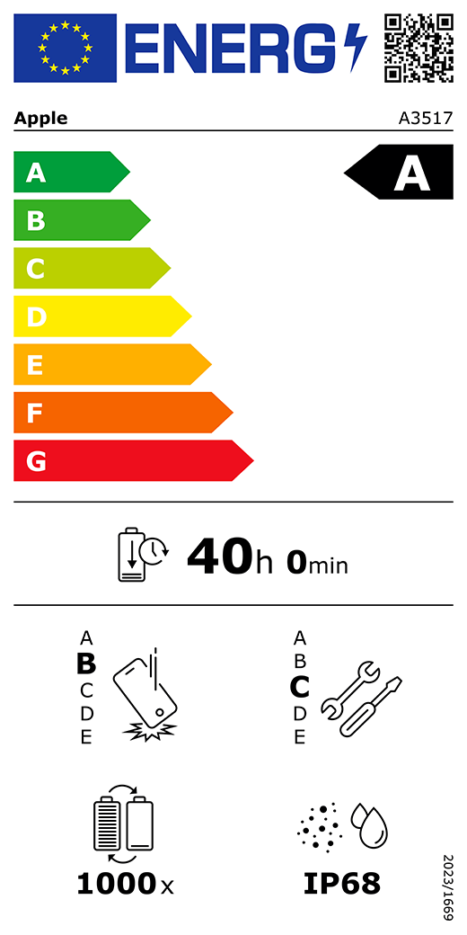 Código QR e información de la etiqueta energética de la UE, modelo A3517 de Apple, clase A, clases de eficiencia energética (con una escala de la A a la G), de la A (la más eficiente) a la G (la menos eficiente), duración de la batería por ciclo, 40 horas y 0 minutos por carga completa de la batería, fiabilidad en caída libre repetida de clase B, de la A (la más robusta) a la E (la menos robusta), reparabilidad de clase C, de la A (la más reparable) a la E (la menos reparable), 1.000 ciclos de carga de la batería, grado de protección contra la entrada de polvo y agua (IP) IP68, normativa 2023/1669.