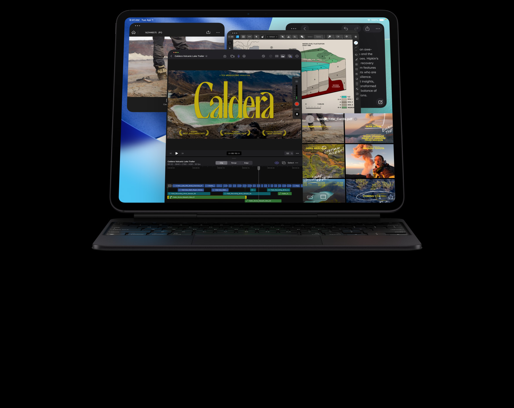 iPad Pro sedd framifrån, horisontellt läge, rymdsvart, fäst vid Magic Keyboard i rymdsvart, skärm med flera appfönster: Final Cut Pro med flera funktioner för videoredigering och en tidslinje, Kartor, Anteckningar, mediaklipp