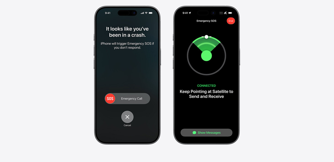 Naast elkaar, iPhone-scherm met actieve Valdetectie en iPhone-scherm met actieve SOS-noodmelding
