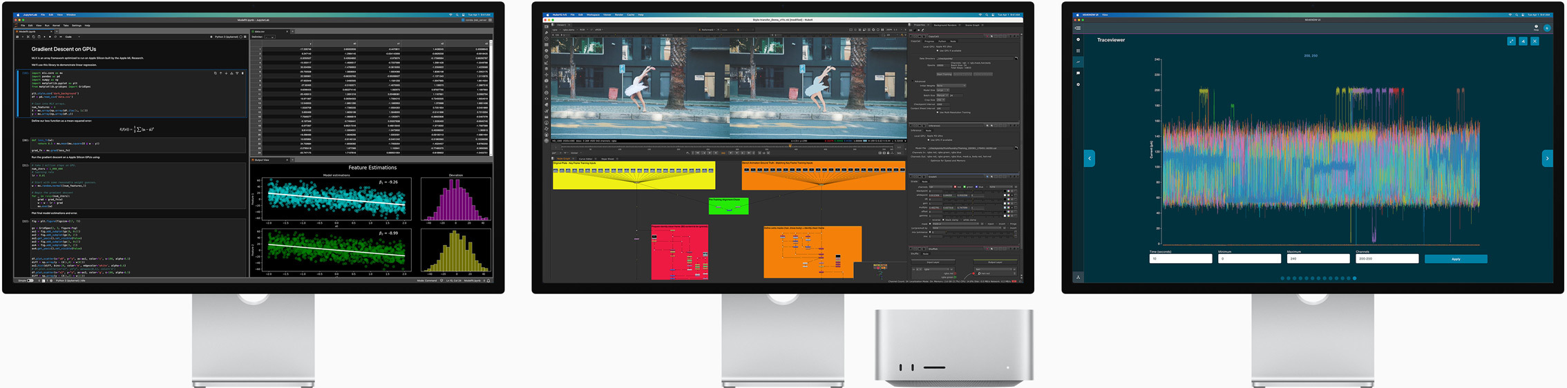 Mac Studio och tre Studio Display-enheter som visar olika macOS-appar
