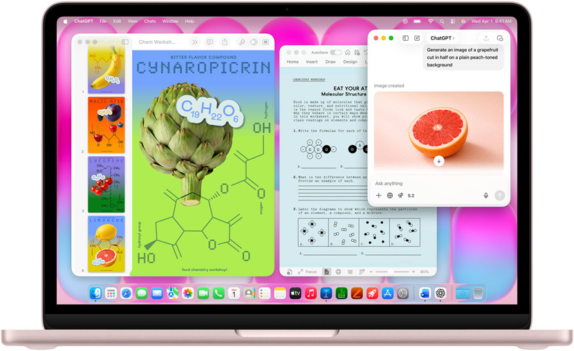MacBook Neo, color rosa nube, imagen de un pomelo generada con ChatGPT, otras ventanas con una presentación de Keynote sobre compuestos moleculares con imágenes de frutas y verduras que los contienen y un documento de Microsoft Word relacionado