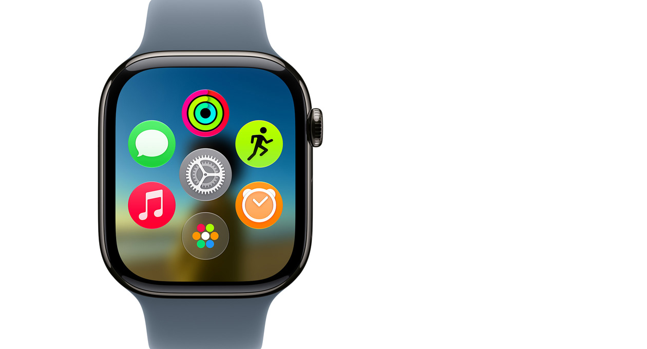 Apple Watch Series 11, caja de titanio en color pizarra, muestra la cuadrícula dinámica de apps