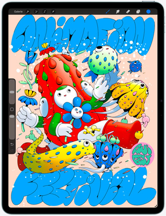 iPad Air, face avant, affichant l’app Procreate, illustration numérique colorée représentant plusieurs personnages et objets