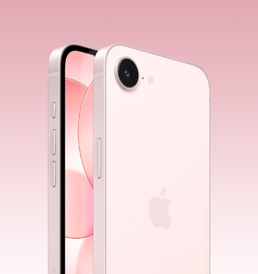 淺粉紅色 iPhone 17e 的正面和背面，顯示部分正面螢幕，完整背面展示 Apple 標誌及單相機，側面展示動作按鈕、音量按鈕和側邊按鈕。