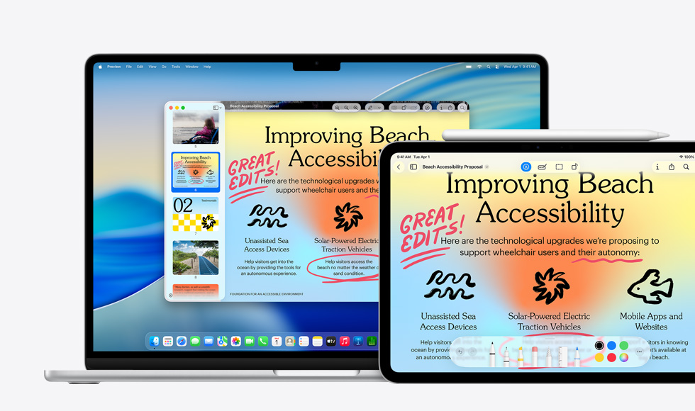 Több Apple eszköz, amelyeken ugyanaz a kép jelenik meg. A képen egy Apple Pencillel jelölgetnek az iPaden, és a jelölések a többi eszközön is megjelennek