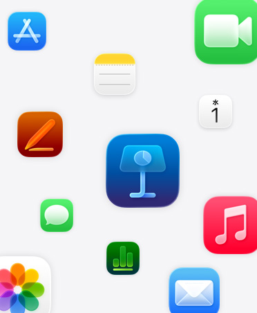 Apple製アプリ。Keynote、Pages、Numbers、ミュージック、写真、メモ、カレンダー、メール、FaceTime、メッセージ、App Store