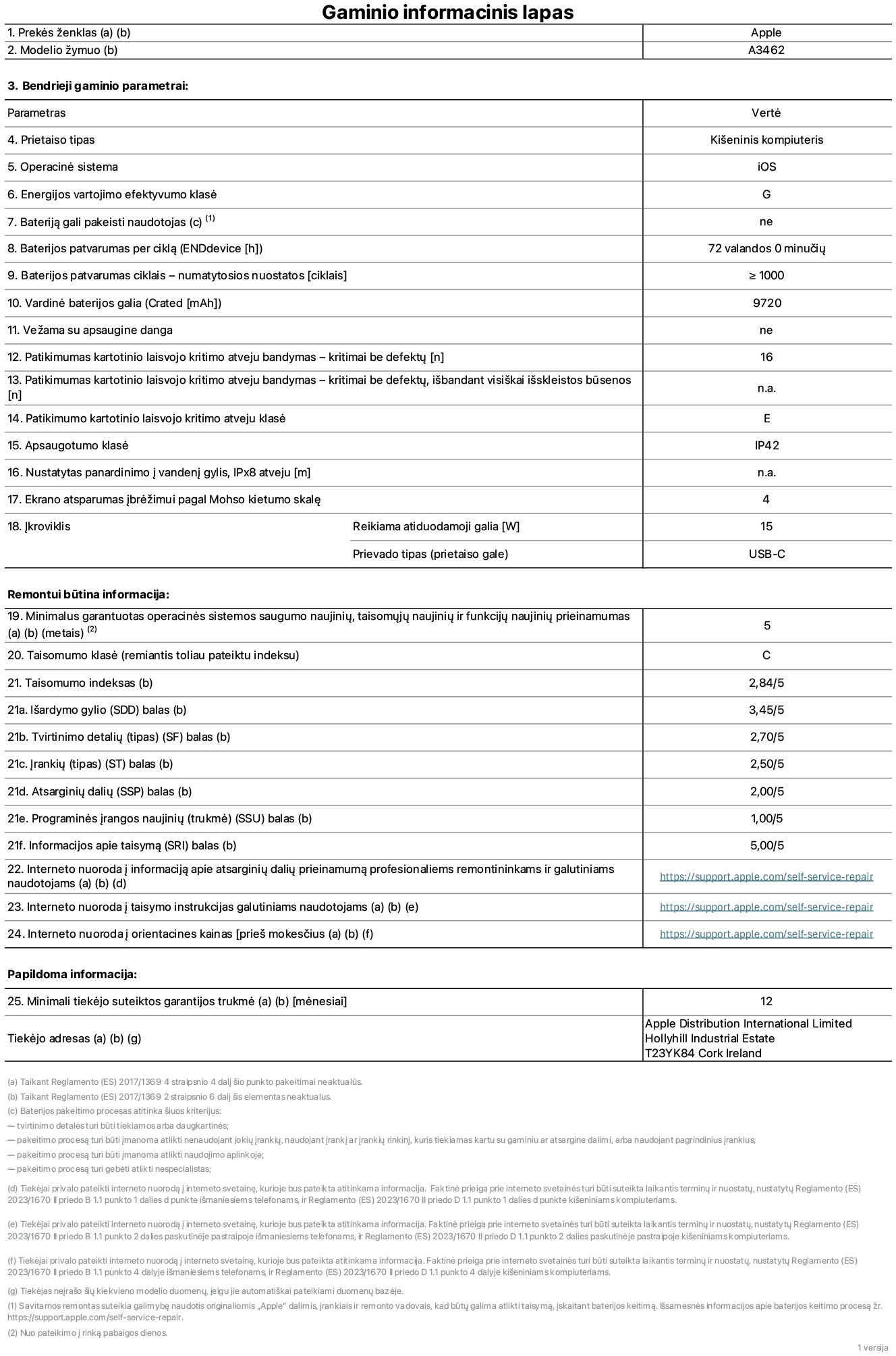 Gaminio informacijos lapas, 13 colių „iPad Air Wi-Fi + Cellular“, modelis A3462. Pateikė „Apple Distribution International Limited“, „Hollyhill Industrial Estate“. Korkas, Airija, T23 YK84. Prietaiso tipas: planšetinis kompiuteris. Operacinė sistema: „iOS“. Energijos vartojimo efektyvumo klasė: G. Bateriją gali pakeisti naudotojas: ne. Baterijos patvarumas per ciklą: 72 valandos. Baterijos veikimo trukmė ciklais – numatytieji nustatymai: daugiau arba lygu 1 000. Nominalioji baterijos talpa: 9 720 mAh. Vežama su apsaugine danga: ne. Patikimumo kartotinio laisvojo kritimo atveju testas – kritimai be defektų: didesnis arba lygus 51. Patikimumo kartotinio laisvojo kritimo atveju testas – kritimai be defektų, išbandant visiškai išskleistos būsenos: netaikoma. Patikimumo kartotinio laisvojo kritimo atveju klasė: E. Apsaugos klasė: IP42. Nustatytas panardinimo į vandenį gylis, iPx8 atveju: netaikoma. Ekrano atsparumas įbrėžimui pagal Moso kietumo skalę: 4. Krovikliui reikalinga atiduodamoji galia: 15 vatų. Kroviklio prievado tipas (prietaiso gale): USB-C. Minimalus garantuotas operacinės sistemos saugumo naujinių, taisomųjų naujinių ir funkcijų naujinių prieinamumas: 5 metai. Taisomumo klasė: C. Taisomumo indeksas: 2,84/5. Išardymo gylio (SDD) balas: 3,45/5. Tvirtinimo detalių balas: 2,70/5. Įrankių balas: 2,50/5. Atsarginių dalių balas: 2,00/5. Programinės įrangos naujinių balas: 1,00/5. Informacijos apie taisymą balas: 5,00/5. Interneto nuoroda į informaciją apie atsarginių dalių prieinamumą profesionaliems remontininkams ir galutiniams naudotojams: https://support.apple.com/self-service-repair. Interneto nuoroda į taisymo instrukcijas galutiniams naudotojams: https://support.apple.com/self-service-repair. Nuoroda į orientacines kainas prieš mokesčius: https://support.apple.com/self-service-repair. Siūloma 12 mėnesių bendroji garantija.