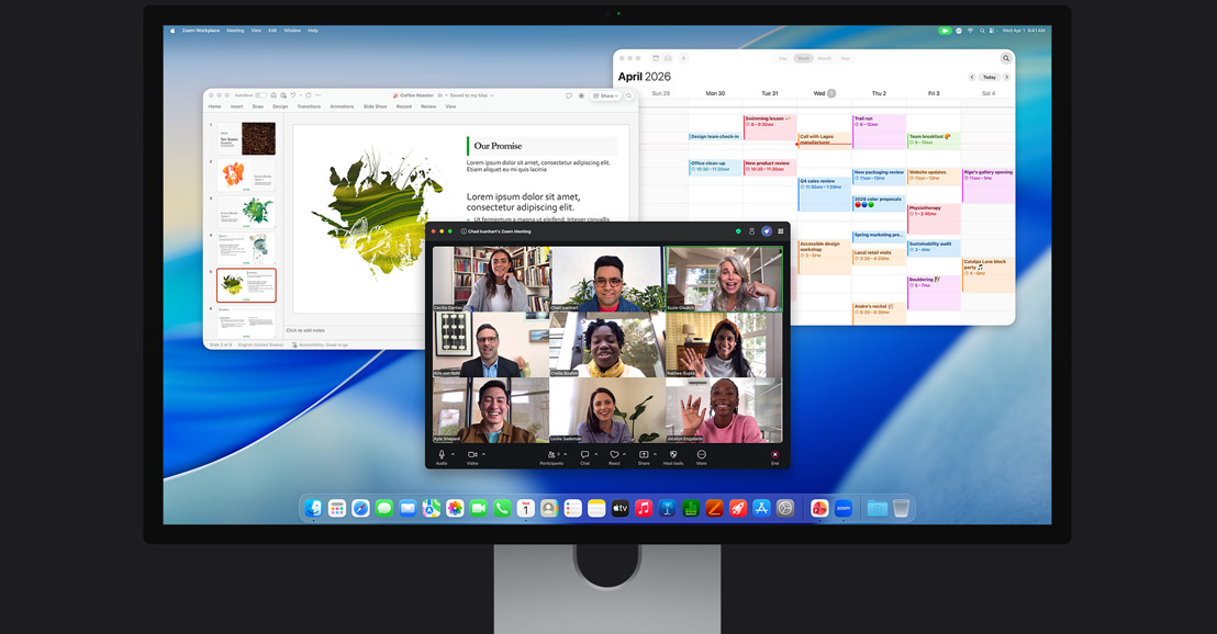 iMac, l’écran affiche un appel vidéo Zoom avec plusieurs personnes, un calendrier et une présentation ouverte en arrière-plan
