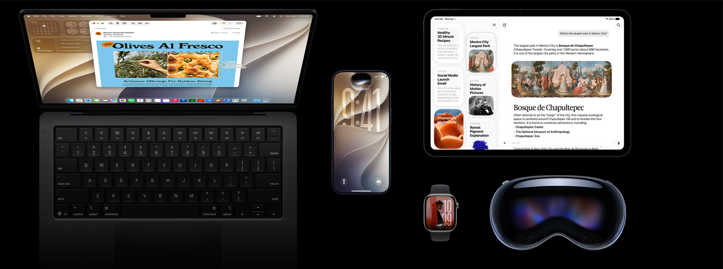 Siri AI على أجهزة iOS، خمسة منتجات، جهاز iPhone 17 Pro بلون نيلي عميق، وجهاز Apple Vision Pro، وساعة Apple Watch Series 11 مقاس 42 مم بلون رمادي فلكي، وجهاز MacBook Pro مقاس 14 إنش بلون أسود فلكي، وجهاز iPad Pro مقاس 11 إنش بلون أسود فلكي.