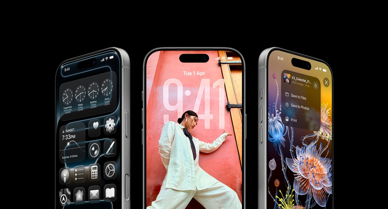 3 iPhone 17 Pro models, front exterior, side by side, demonstrating the World Clock feature, the iOS 26 Lock Screen, and how to save notes from the Notes app