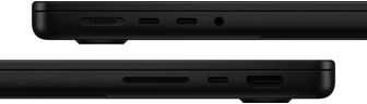 صورة تعرض منافذ MacBook Pro - الجهة اليسرى: MagSafe 3، و2 من منافذ ثندربولت، ومقبس لسماعات الرأس - الجهة اليمنى: فتحة بطاقة SDXC، ومنفذ ثندربولت واحد، وHDMI‏‏