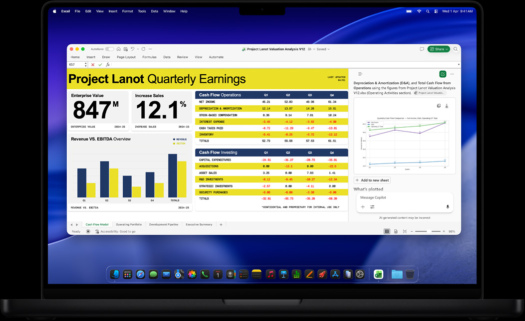 شاشة MacBook Pro تعرض استخدام Excel لإنشاء تقرير أرباح ربع سنوي