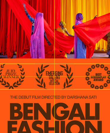 ملصق برتقالي وأسود لفيلم وثائقي بعنوان Bengali Fashion مع خطوط توجيهية ذكية أفقية ورأسية في وسط الصورة