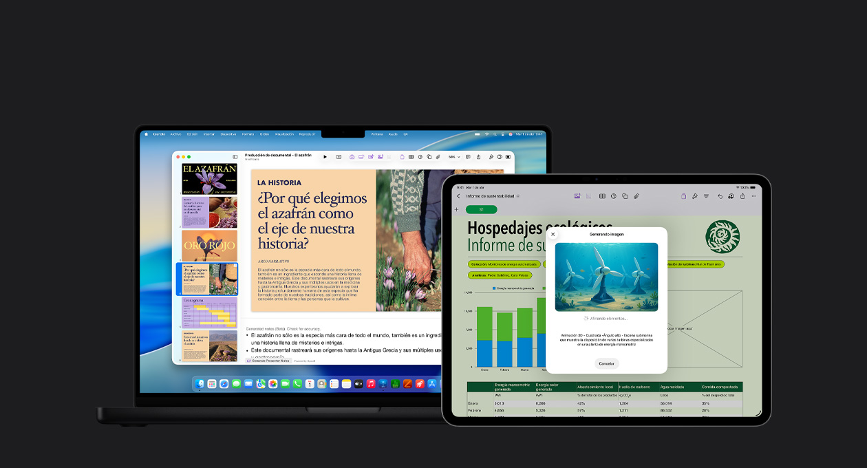 Pantalla de un iPad Pro de 13 pulgadas, diapositiva con un informe que incluye un gráfico, una tabla, imágenes, pantalla de una MacBook Pro de 16 pulgadas que muestra una presentación de Keynote con varias diapositivas a la izquierda y notas del presentador generadas en la parte inferior