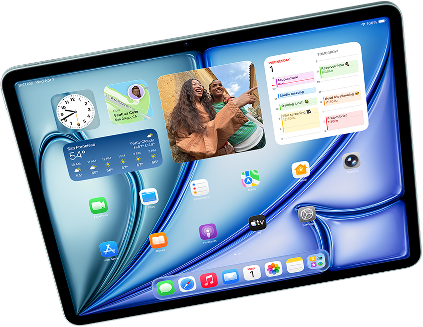 iPad Air în dispunere orizontală ilustrează Apple Intelligence cu Image Playground și Keynote, Apple Pencil Pro