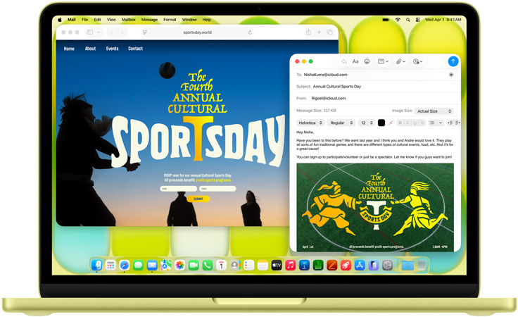 MacBook Neo, citrus color, user is composing an email invitation to an art exhibit, website for the event open alongside