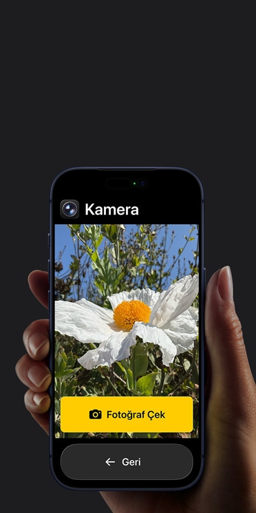 Kadrajında beyaz çiçek bulunan Kamera uygulamasının basitleştirilmiş arayüzünü, “Fotoğraf Çek” düğmesini ve altındaki “Geri” düğmesini gösteren iPhone 17 Pro ekranı