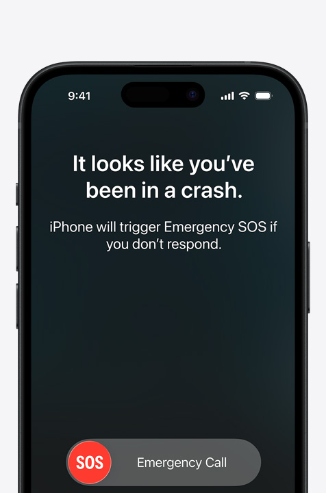 Поруч: на екрані iPhone відображаються віджети додатків «Повідомлення», «Локатор» і «Техдопомога», доступних через супутник; на екрані iPhone відображається функція «Сигнал SOS» у процесі використання; на екрані iPhone відображається функція «Техдопомога» в процесі використання