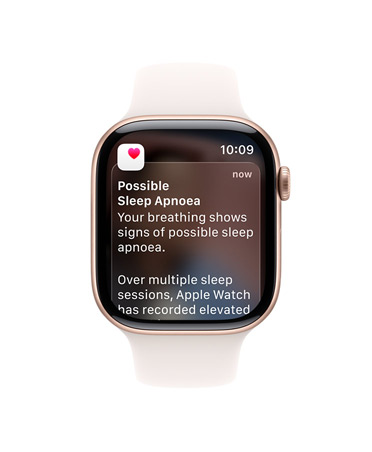 Apple Watch Series 11, rose gold colour, aluminium case, expanded sleep apnoea notification, right side exterior, Digital Crown, Sport Band, light blush colour