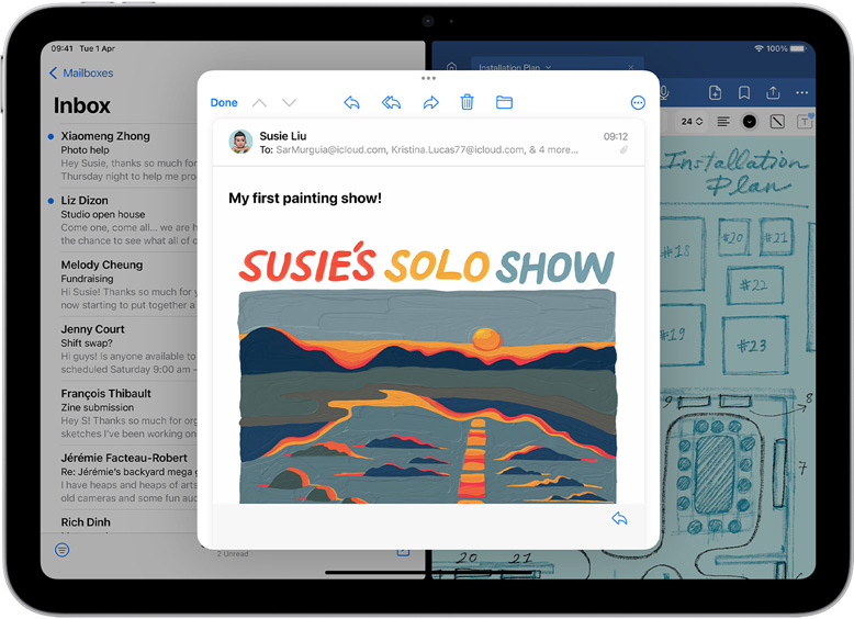 Mail and Goodnotes are open side by side on iPad. An email message is open in a separate window.