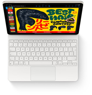 Top-down view of iPad Air with Magic Keyboard for iPad Air in white.