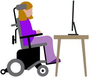 Une personne en fauteuil roulant électrique regarde un Mac posé sur un bureau