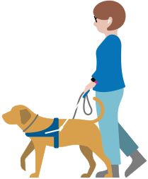 Une personne avec une basse vision porte des AirPods; elle se promène avec un chien d’assistance