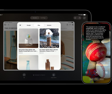 Siri AI muestra imágenes de jarrones de vidrio en un iPad 11 Pro y texto sobre equipo deportivo en un iPhone 17 Pro.