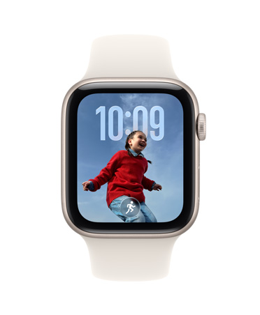 Apple Watch SE 3, caja de aluminio, blanco estelar, sugerencia de Pila Inteligente, sugerencia de Carrera al Aire Libre, parte lateral derecha, Digital Crown, correa deportiva, blanco estelar