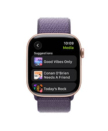 Apple Watch Series 11, kleur roségoud, kast van aluminium, Apple Music-regelaars, work-outafspeellijst, rechterkant, Digital Crown, bandje, zachtpaars geweven sportbandje