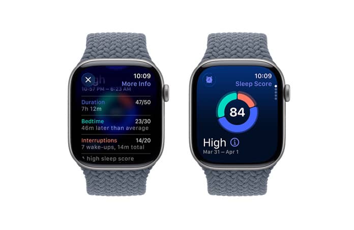 Apple Watch Series 11, kleur spacegrijs, kast van aluminium, Slimme Stapel-suggestie, melding voor slaapscore, rechterkant, Digital Crown, gevlochten solobandje, kleur ankerblauw
