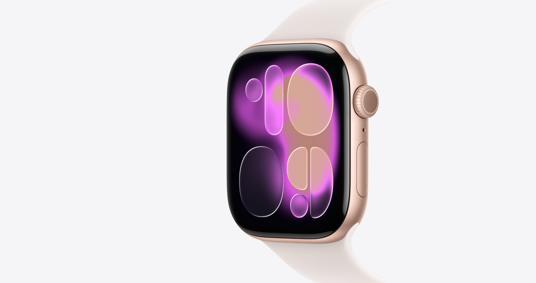 Apple Watch Series 11, kleur roségoud, kast van aluminium, wijzerplaat Responsive Art, rechterkant, Digital Crown, microfoon, zijknop, sportbandje, kleur rosé