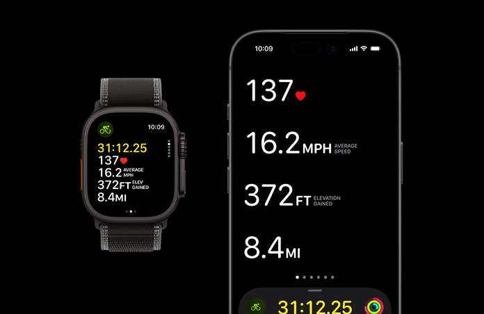 Apple Watch Ultra 3, kleur zwart, kast van titanium, Trail-bandje, kleur zwart/houtskool, iPhone, actieve work-outgegevens op beide devices