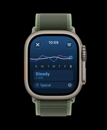 Apple Watch Ultra 3, kleur naturel, kast van titanium, grafiek en kalender in trainingsbelasting, bandje, Trail-bandje, kleur groen/neon