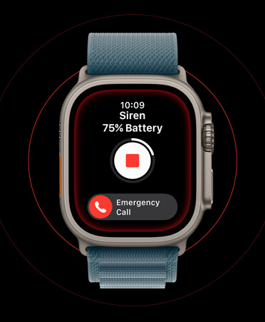 Apple Watch Ultra 3, kleur naturel, kast van titanium, geactiveerde Sirene op het display, knoppen stop en SOS-noodmelding, bandje, ankerblauw Alpine-bandje