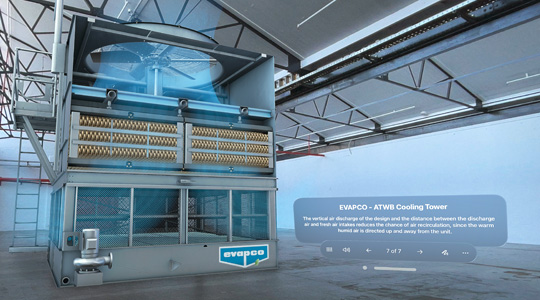 Eine 3D Projektion eines EVAPCO-Kühlturms in einem Industriebereich mit Steuerelementen zum Durchblättern von Informationen über den Turm