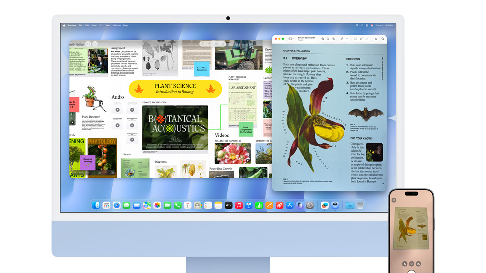 Una iMac y un iPhone muestran contenido con colores vibrantes, y la iMac tiene un fondo de pantalla de macOS Tahoe.
