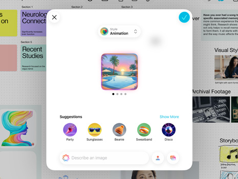Interfaz de usuario de Image Playground que muestra una alberca con palmeras durante un colorido atardecer y sugerencias para agregar más elementos a la imagen.