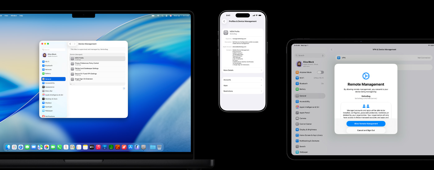 Tres dispositivos Apple: a la izquierda, una computadora Mac que muestra una ventana de Administración de Dispositivos. En el centro, un iPhone muestra la configuración de un perfil MDM (Mobile Device Management). A la derecha, un iPad muestra una ventana de Administración Remota.