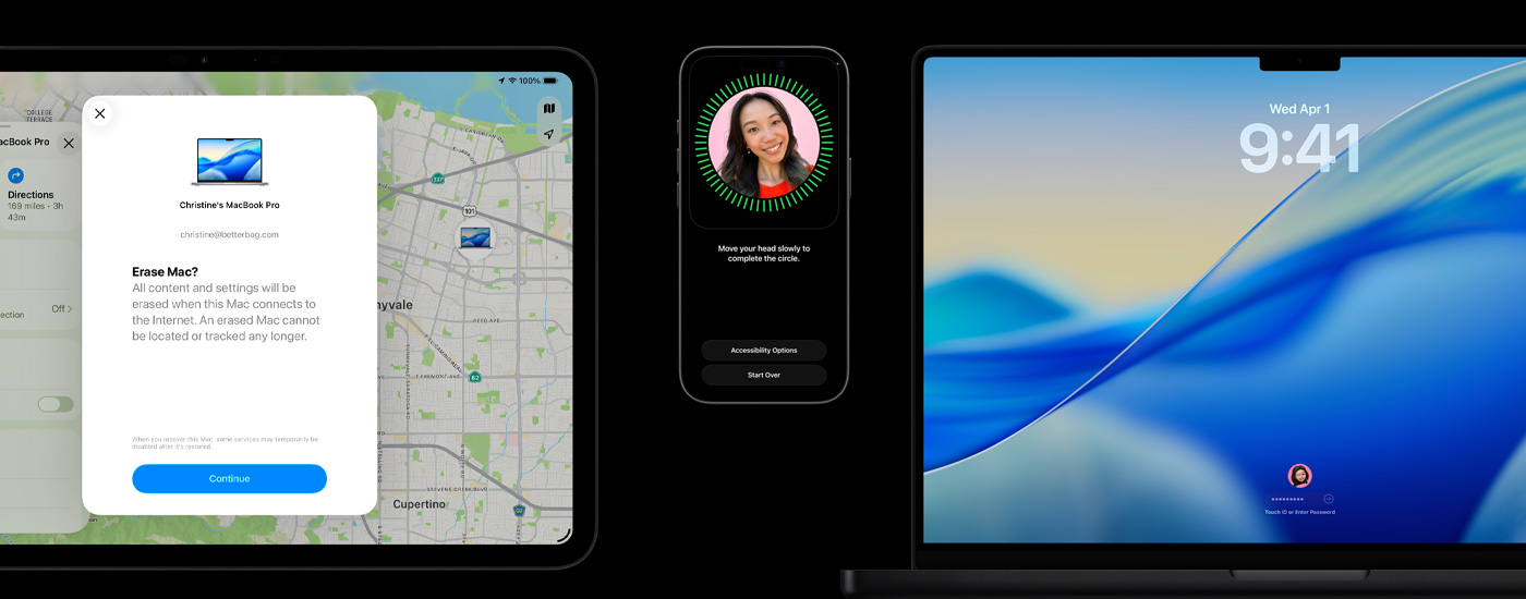 Un iPad muestra la opción Borrar Mac, un iPhone muestra la configuración de Face ID y una Mac muestra la pantalla de inicio de macOS Tahoe con contraseña o Touch ID.