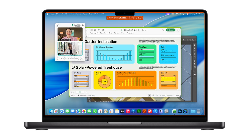 La pantalla de una Mac con macOS Tahoe muestra varias apps abiertas, como Webex y Excel.